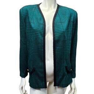 Cricket Lane Vintage Teal Green Plaid Open Front Blazer Size 14 USA Made